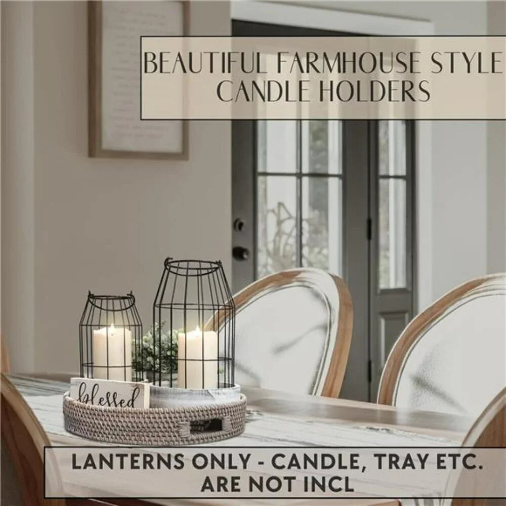 Rustic Farmhouse Lanterns Set of 2 White Metal Candle Holders Home